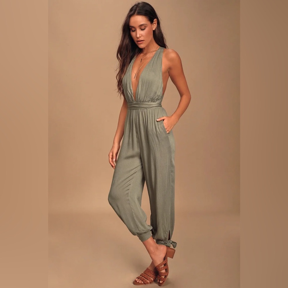 Lolinda Washed Olive Green Convertible Halter Jumpsuit
